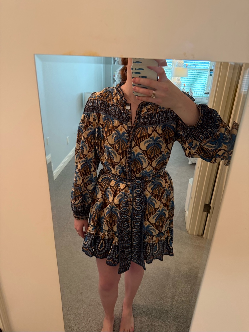 FARM Rio Blue and Brown Printed Long-Sleeve Mini Dress